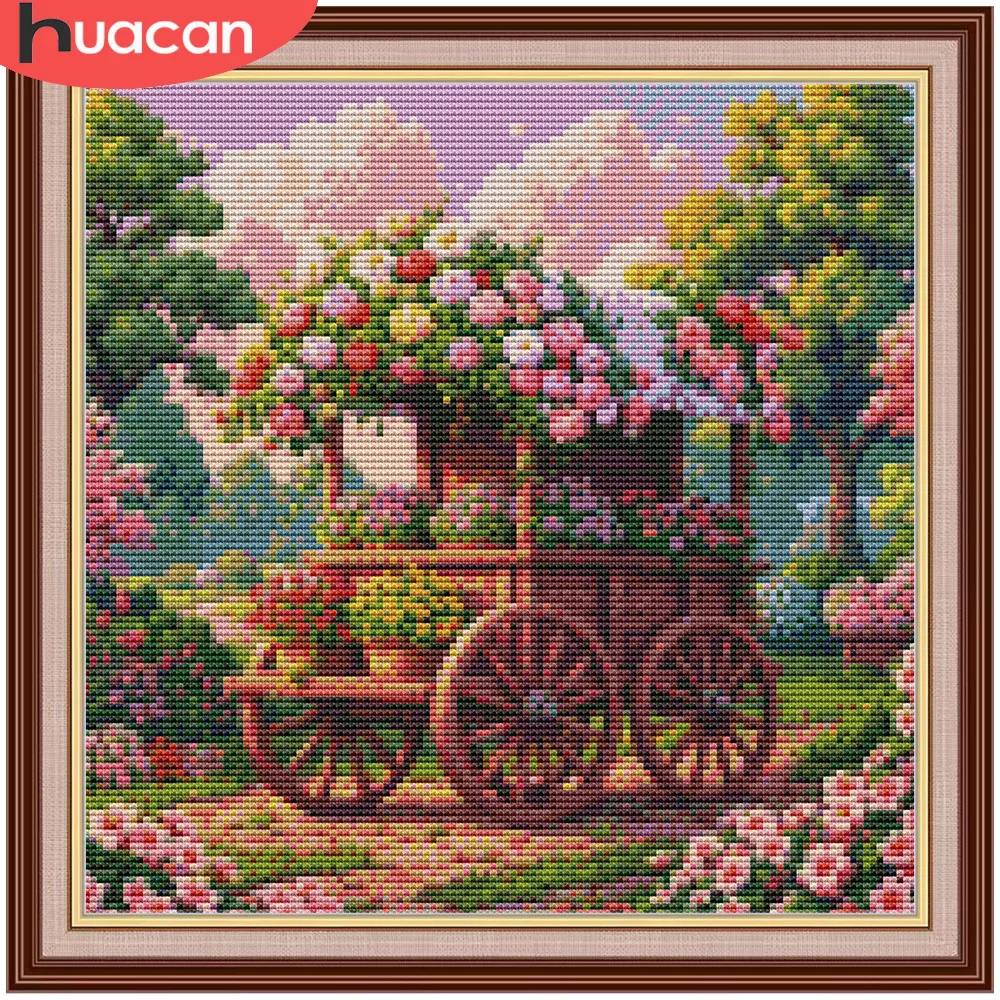 Kit Complet de Broderie Point de Croix HUACAN - Paysage de Jardin - Artisanat pour Adultes - Toile Imprimée - Rose - 11CT - Broderie DIY - Cadeau