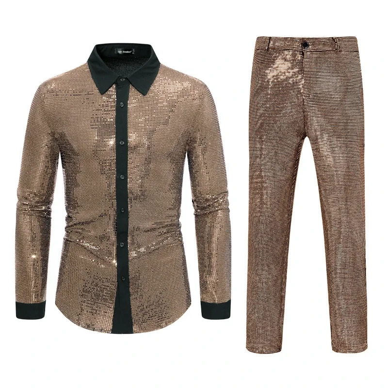 2024 New Shiny Beaded Mens Shirts + Pants 2-piece , Gold/silver/red Long-sleeve Shirt Slacks Suit Pants Set，European Size S-2XL