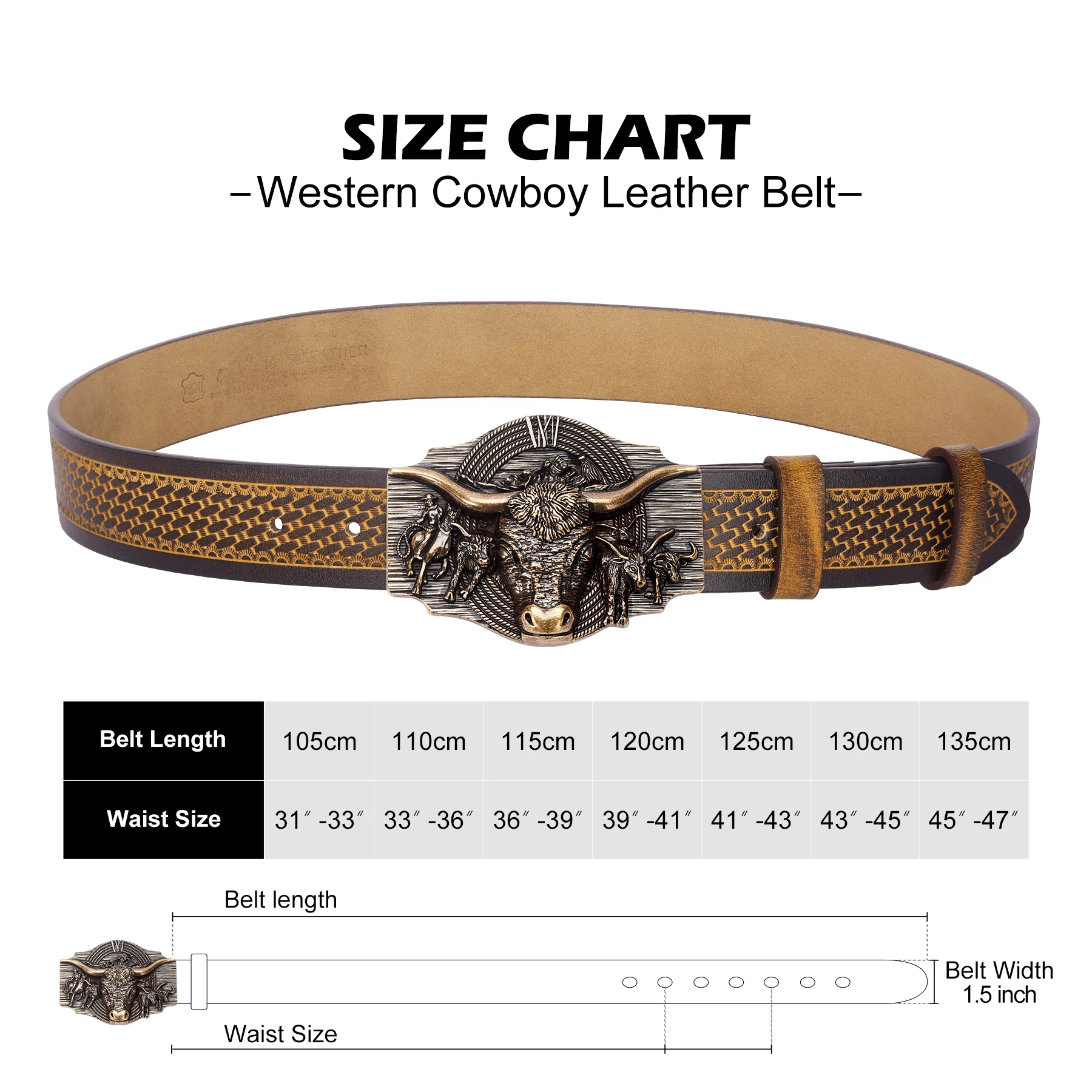 BISON DENIM Vintage Cowboy Cowgirl Leather Belt Western Cow Pattern Floral Engraved Buckle Belts Best Gifts for Husband Father