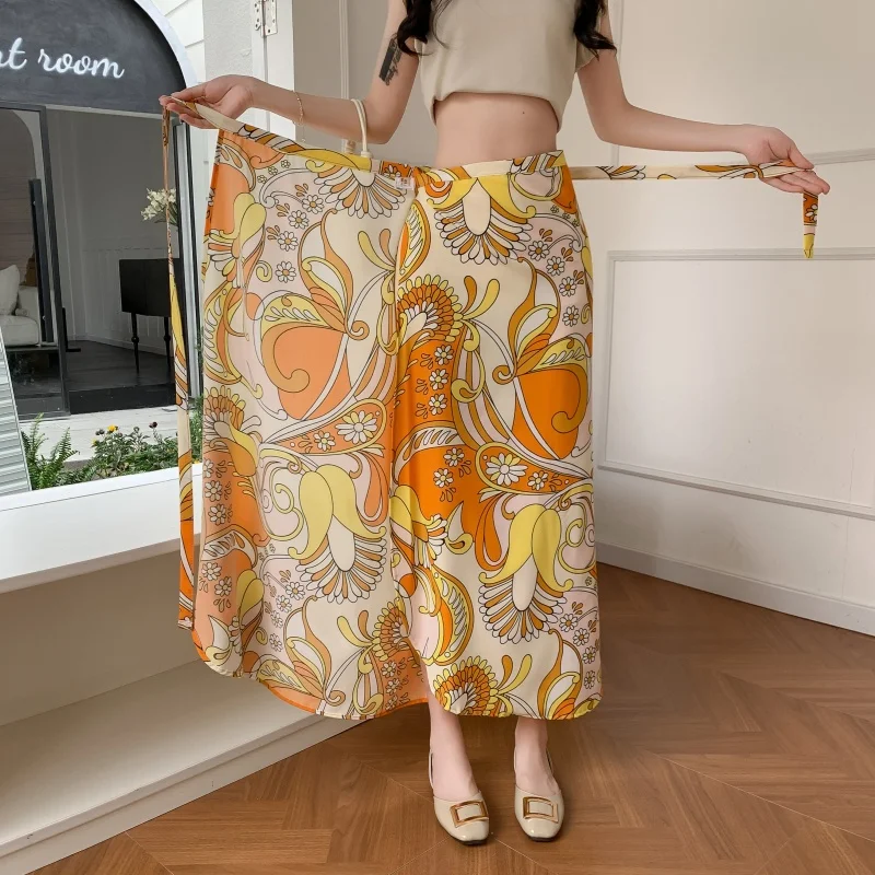 

Dai Eth Women's f-length Slit Skirt Beach Vaion One-piece Sun Protection Midi Skirt Floral Print Wrap Skirt