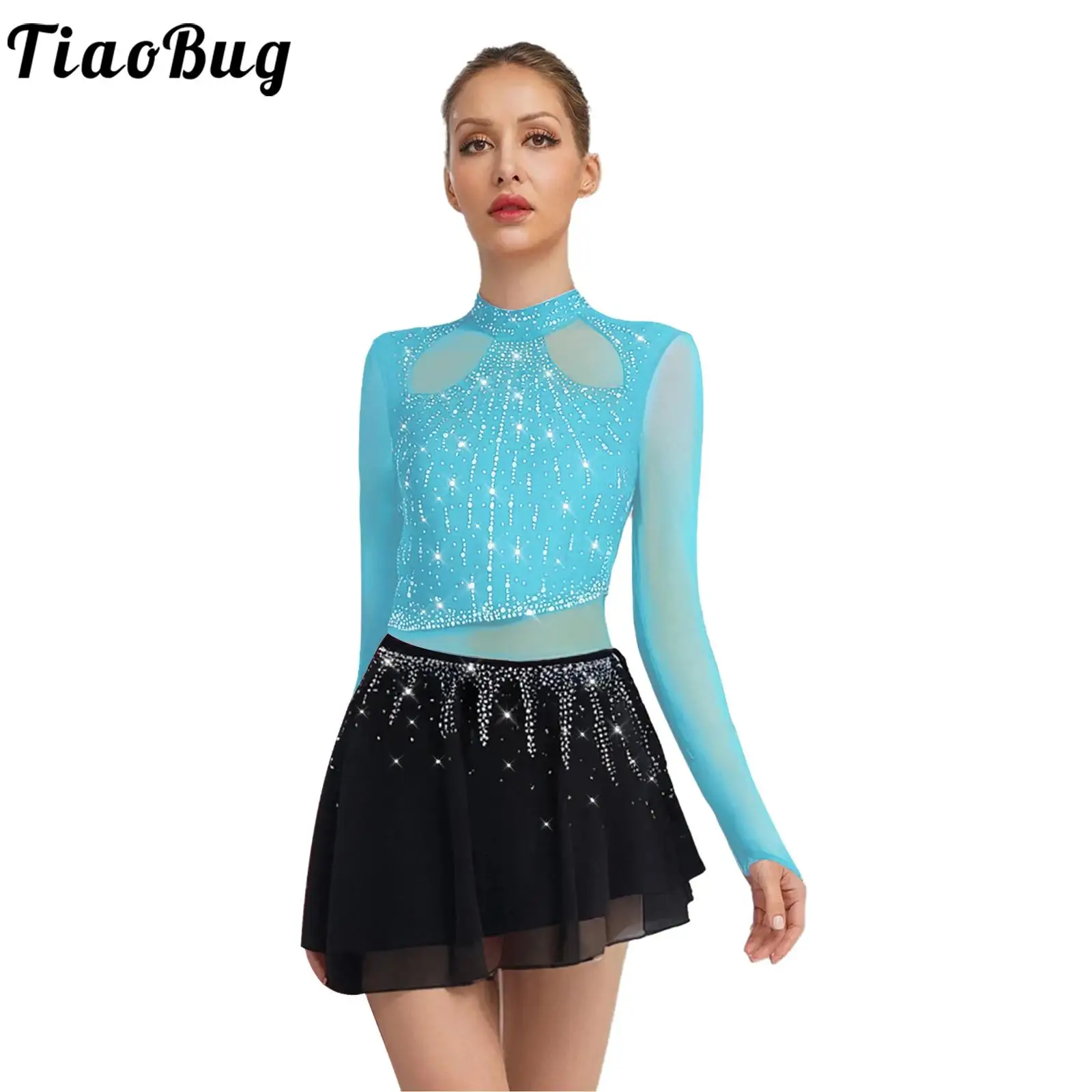 

Women Lyrical Dance Figure Ice Skating Modern Dance Costume Long Sleeve Rhinestones Mesh Skirts Bodysuit Leotard Dress Dancewear
