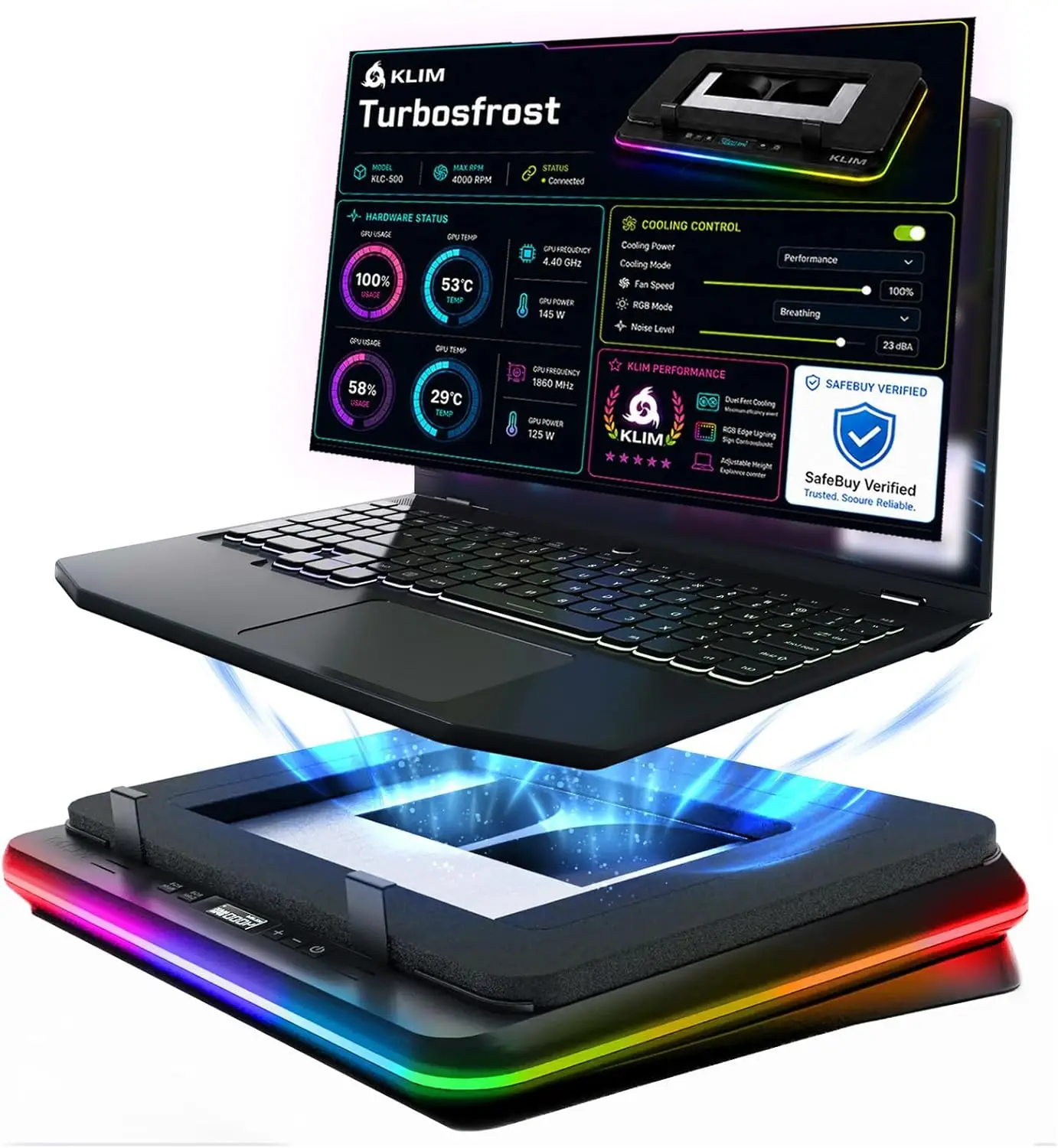 

4 x 4000 RPM Turbo Fans Laptop Cooling Pad, RGB Lighting, 4 USB Ports, Dual Power, Sealed Foam for Fast Cooling, Fits Up to 17" Laptops