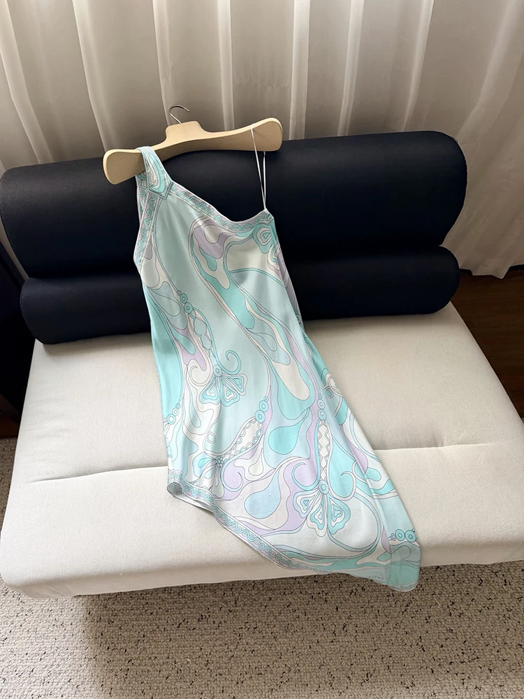 Summer Fashion Resort Party Geometric Print Knee-Length Asymmetrical Dress Women's Diagonal Collar High Waist Slim Long Dresses