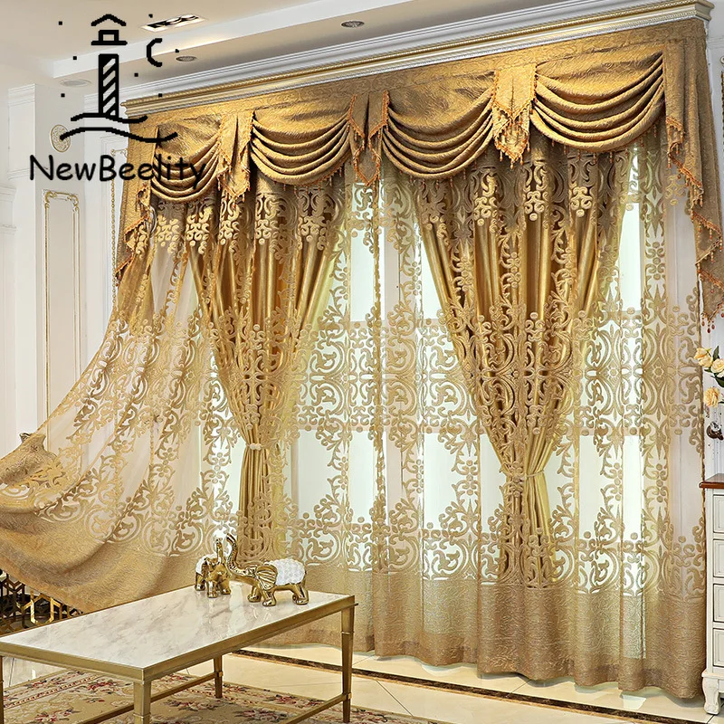 European-style Curtains for Living Dining Room Bedroom Light Luxury High-end Villa Golden Curtains valance French Window