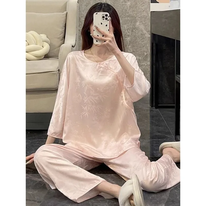 

Extra Large Size Ice Silk Pajamas Set Women Autumn Spring 3/4 Sleeves Home Clothes Chinese Style Loungewear Suit Outside Wear