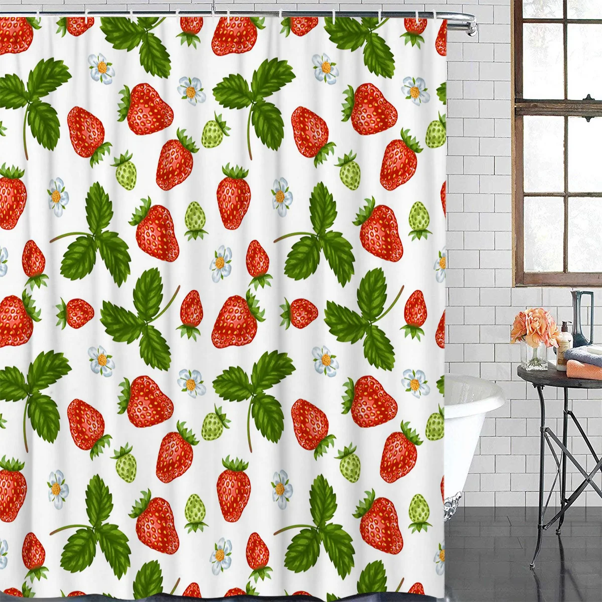 Fruit Strawberry Leaf Waterproof Bathroom Decoration Shower Curtain With Hook Printed Bathtub Curtains Bathroom Accessories