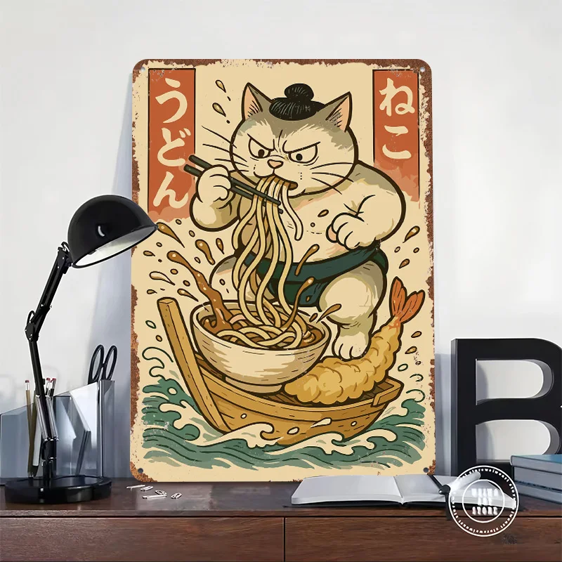 Sumo Cat Udon Noodles Cute Japanese Food Art 3D Texture Printed Poster Custom Vintage Metal Tin Plate Sign for Wall Art Man Cave
