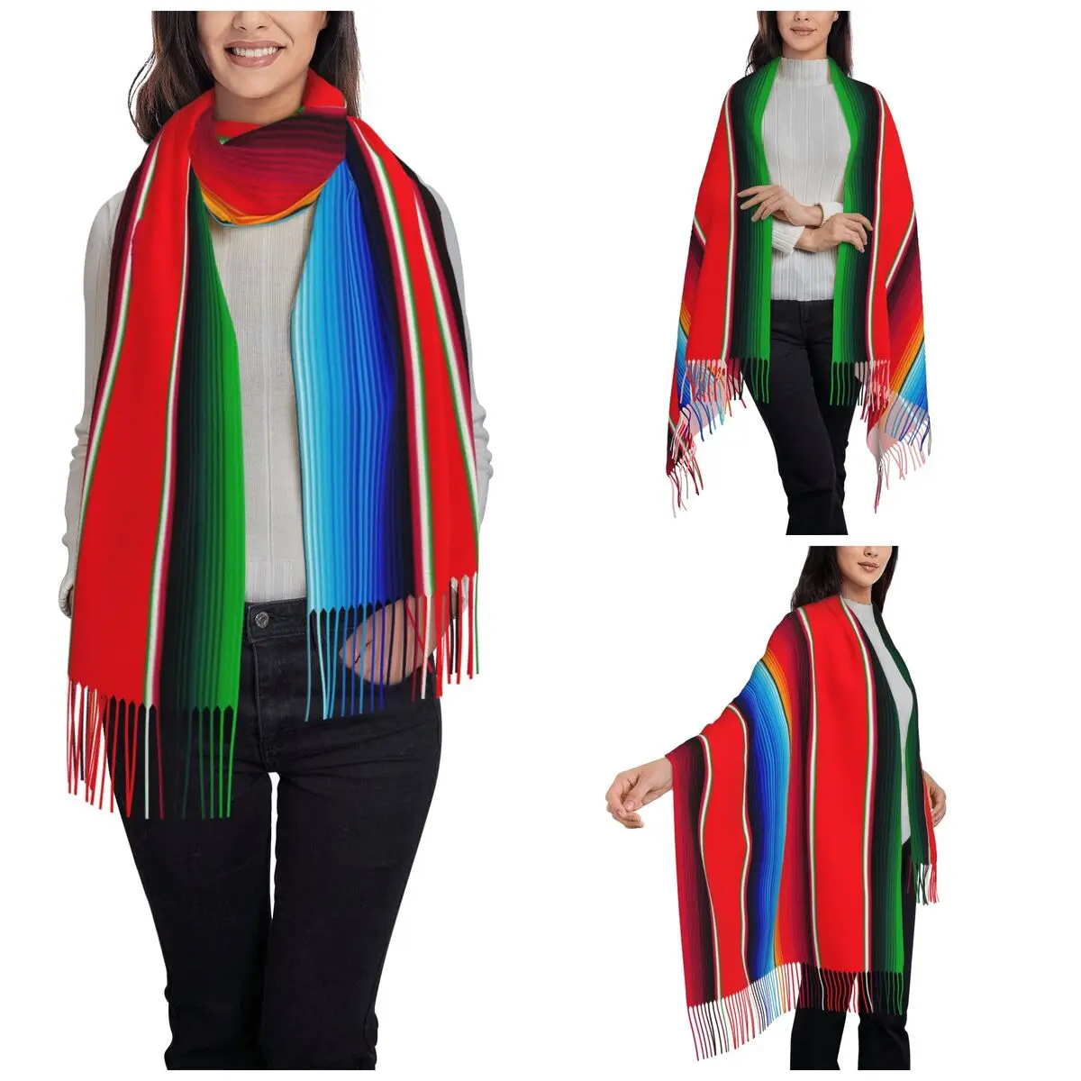 Traditional Mexican Scarf for Women Fall Winter Cashmere Shawls and Wrap Rainbow Ethnic Long Scarves with Tassel for Daily Wear