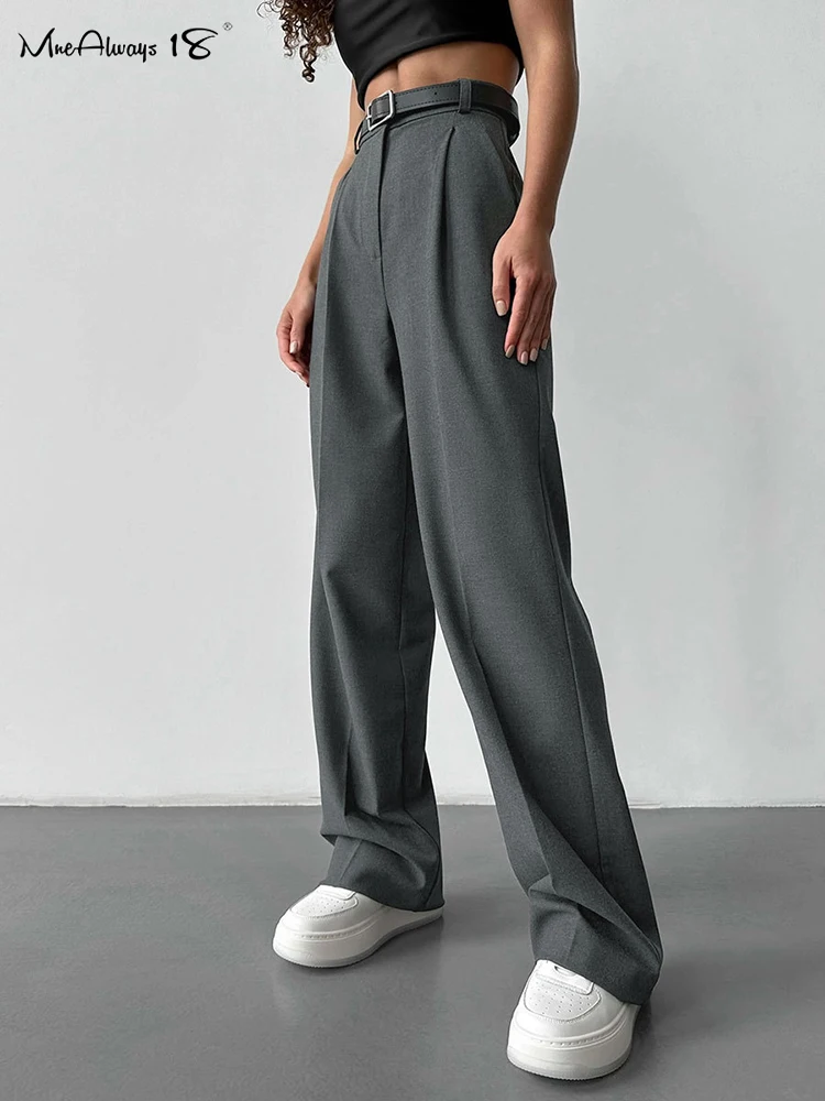 Mnealways18-Pantalones plisados grises para mujer, pantalón holgado de pierna ancha con bolsillos de cintura alta para oficina, otoño e invierno, 2024