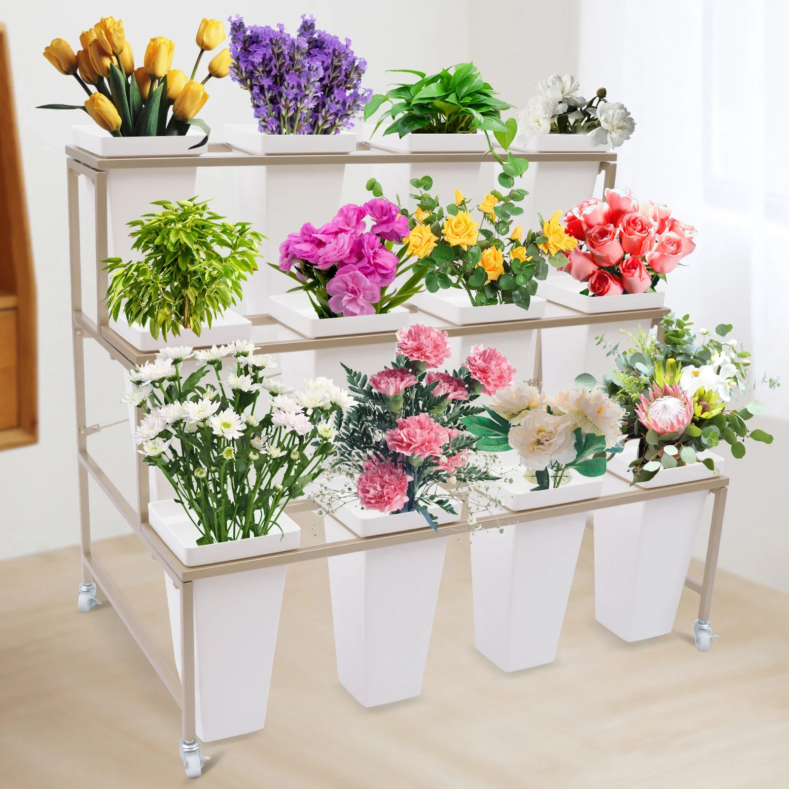 Flower Display Stand With 12PCS Buckets 3 Layers Metal Plant Stand with Wheels Heavy Duty Moving Plant Cart Shelf