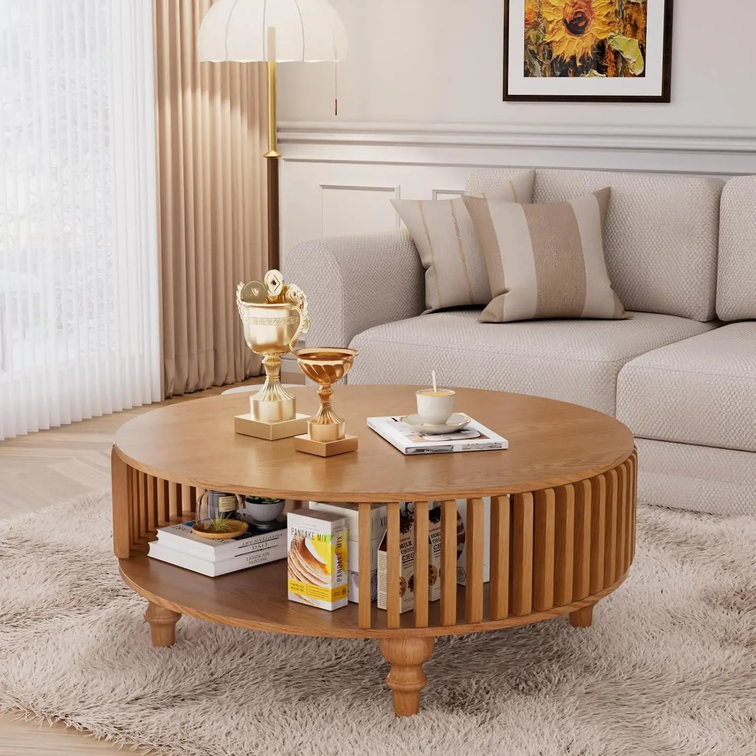 

Farmhouse Round Fluted Coffee Table With Storage, Rustic Modern Circle Center Table With Solid Wood Legs, Wooden, Customized