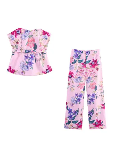 Imagen 2 del producto Conjuntos de pantalones y chaleco con estampado geométrico para mujer, 2 piezas, decoración de plumas, camisetas sin mangas con cuello en V, trajes informales para mujer