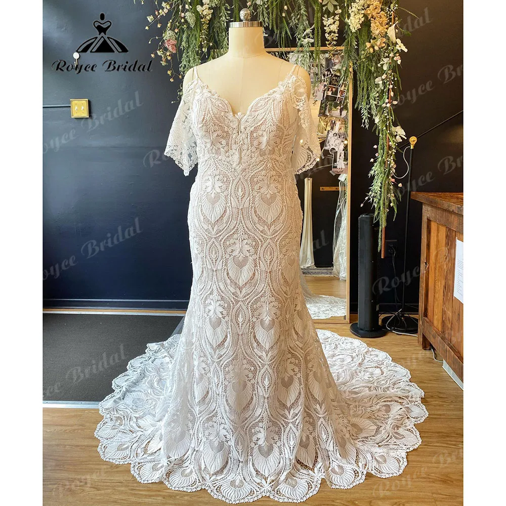 trouwjurk Bohemian Boho Lace Plus Size Mermaid Wedding Dress with Short Cap Sleeve 2025 Bridal Gown Spaghetti Straps Customized 