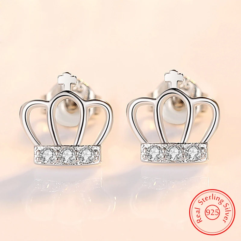 

Solid 925 Sterling Silver New Jewelry Fashion Crystal Zircon Crown Stud Earrings For Woman XY0260