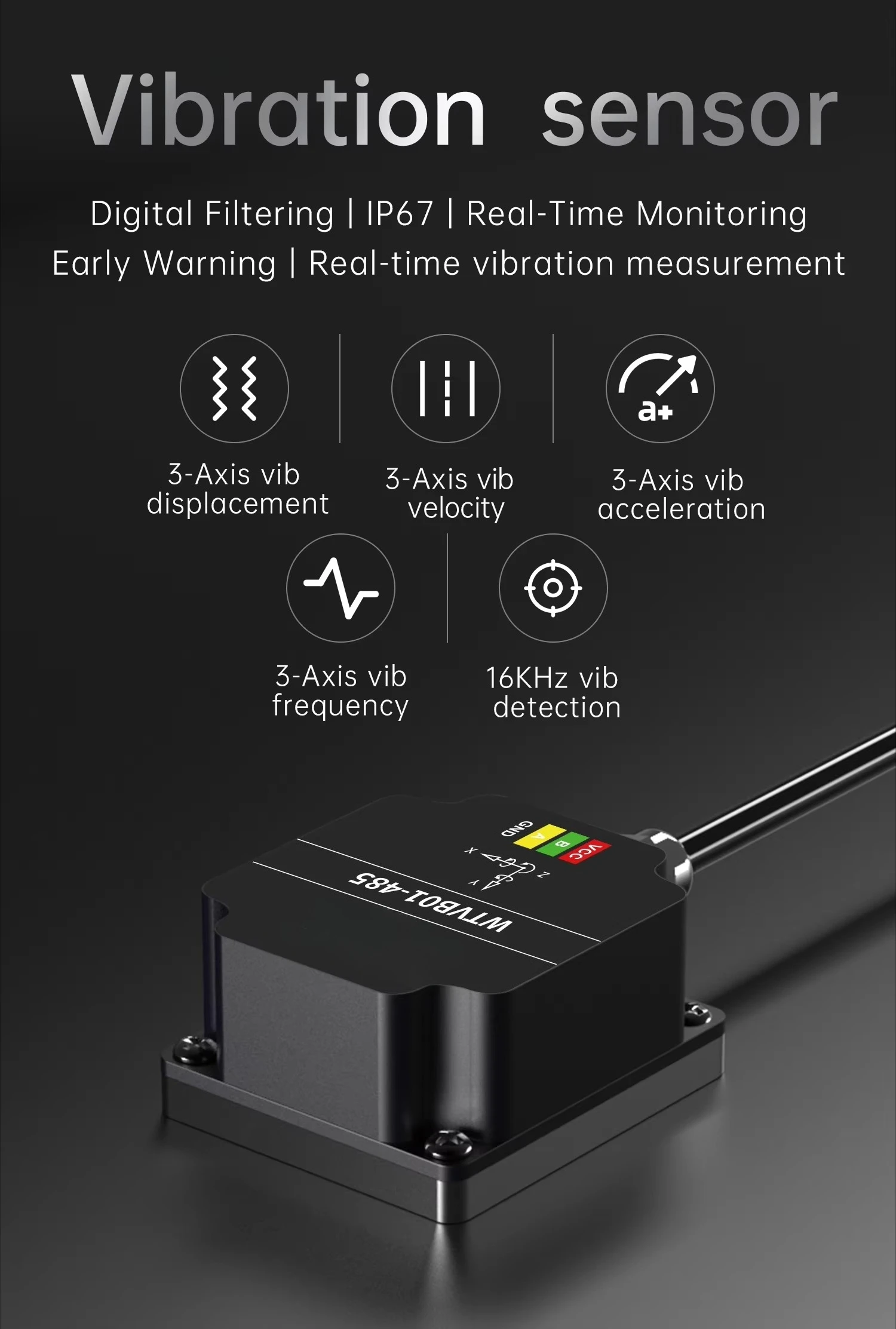 WTVB01-485 IPX8 Waterproof 3-Axis Vibration Transducer Modbus RTU Displacement Velocity Amplitude Measurement