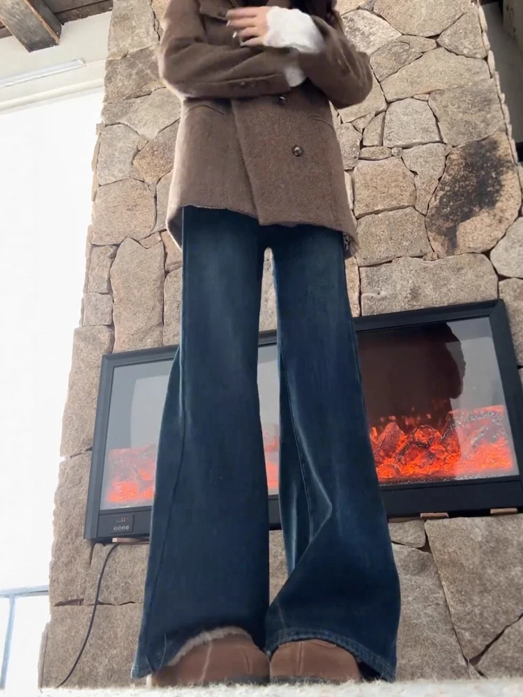 플러스 사이즈 딥 블루 안감 부츠컷 청바지 여성용 가을 겨울 하이웨이스트 슬림 와이드 레그 팬츠 캐주얼 웨어