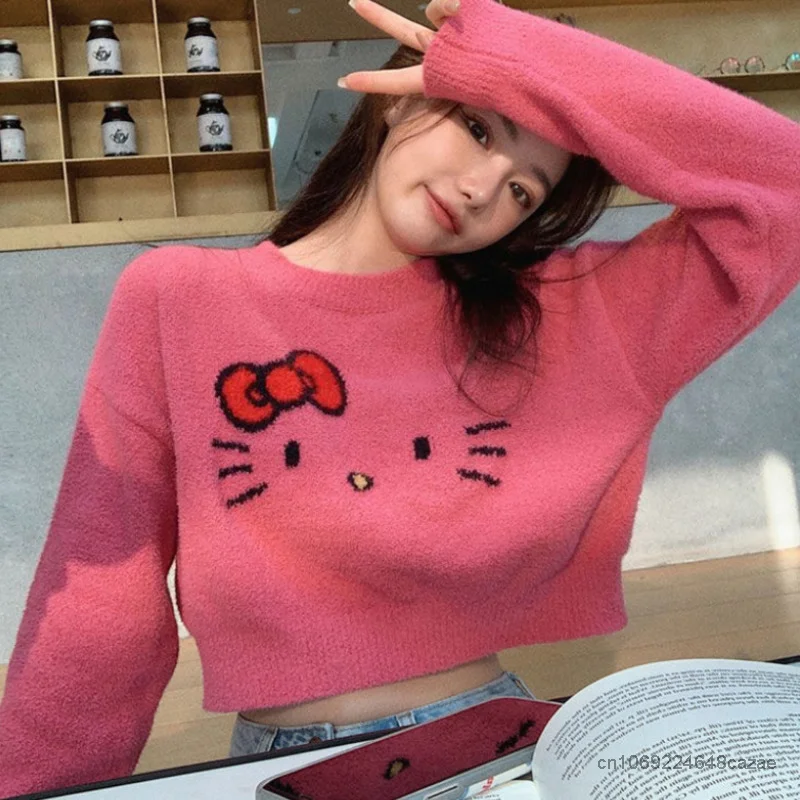 Sanrio Hello Kitty Spring Autumn Short Sweaters Y2k Clothes Cartoon Cute Knitwear Women Korean Japanese Style Fashion Crop Tops