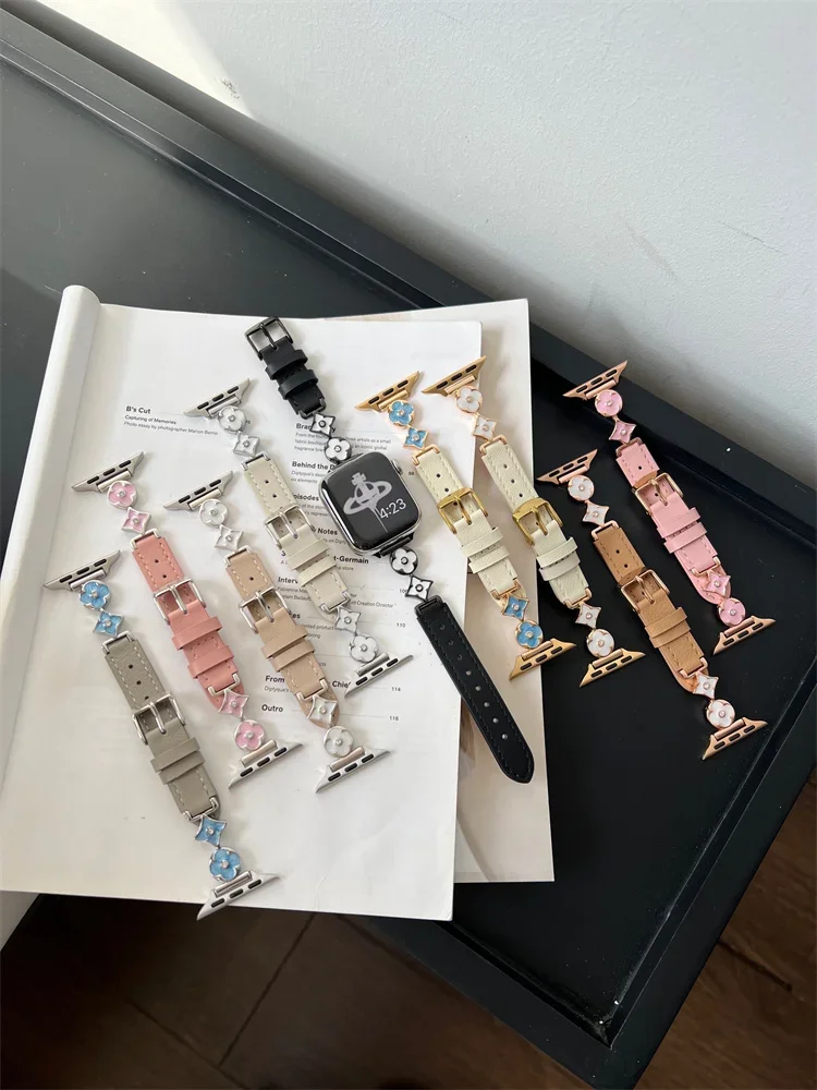 Pulseira de Couro para Apple Watch, Flor de Metal, Elegante, Mulheres de Luxo para iWatch 49Ultra, 9, 8, 7, SE, 6, 5, 4, 3, 41mm, 45 milímetros, 40 milímetros, 44 milímetros