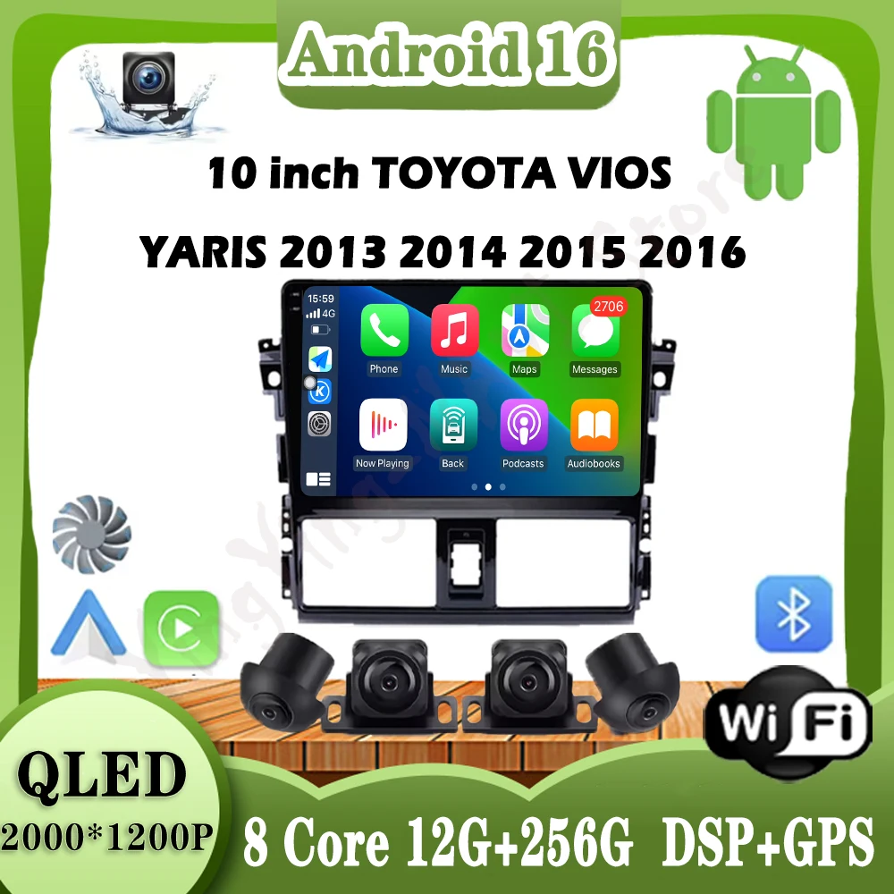 

10-дюймовый для TOYOTA VIOS YARIS 2013 2014 2015 2016 Android 16 Автомобильный радиоприемник Мультимедийный плеер Carplay GPS DSP