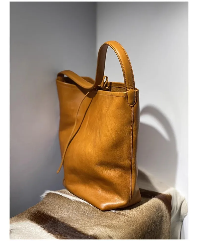 Simple casual high-quality natural real leather girls brown bucket bag outdoor daily organizer real cowhide Women shoulder bag