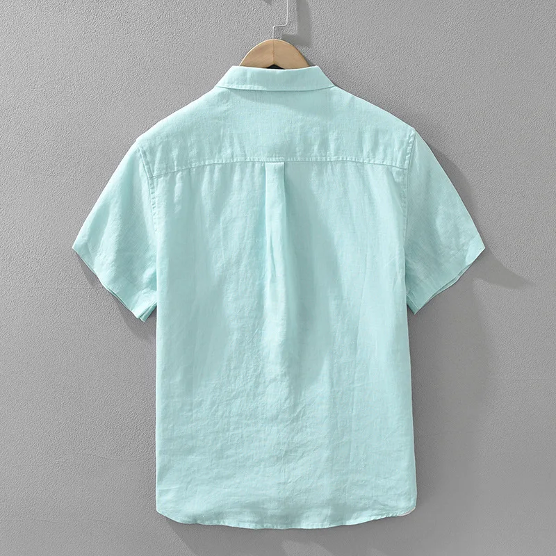 100% Linen Short Sleeve Shirt for Men Breathable Summer Casual Top Minimalist Loose Fit Button-Up Shirt  Natural Wrinkle Texture