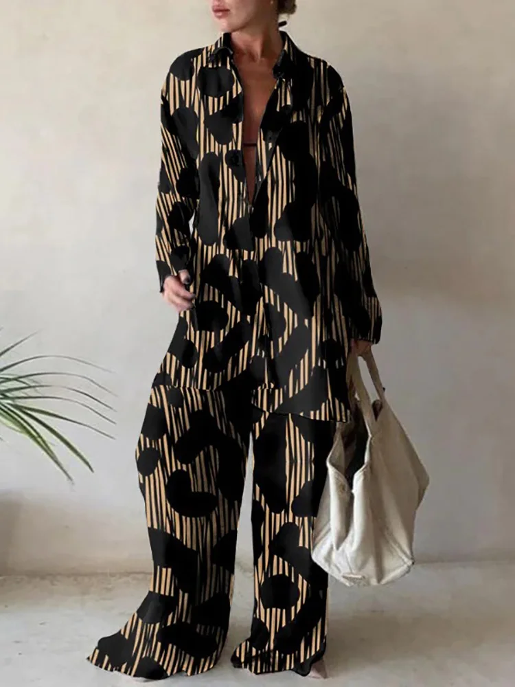 Vintage Print Office Wear Long Pants Suit Women Casual Loose Wide Leg Pants Outfits Female Spring Summer Mid Waist Pants Set New