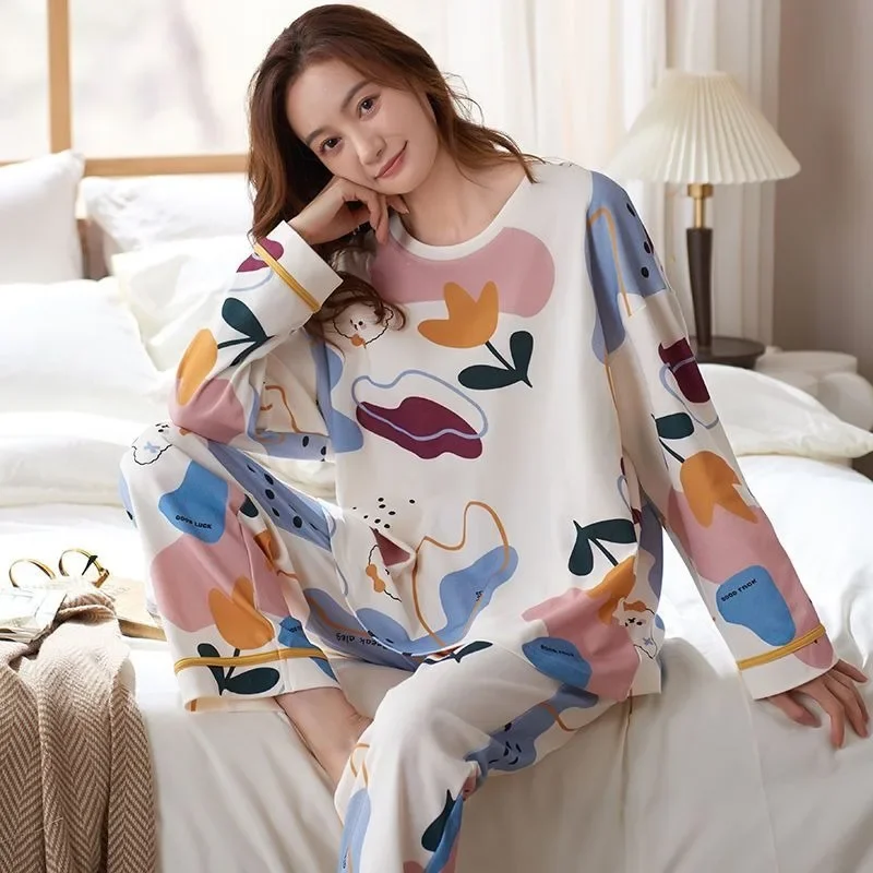 Pijama de algodão puro feminino, terno de duas peças, gola redonda, conjuntos casuais de roupas de dormir soltas, plus size, novo para primavera, outono, 2022