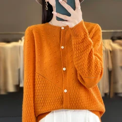 2024 Autumn/Winter Cashmere Sweater Long sleeved Hollow Cashmere Cardigan 100% Cashmere Women's Sweater Knitted Sweater Cardigan