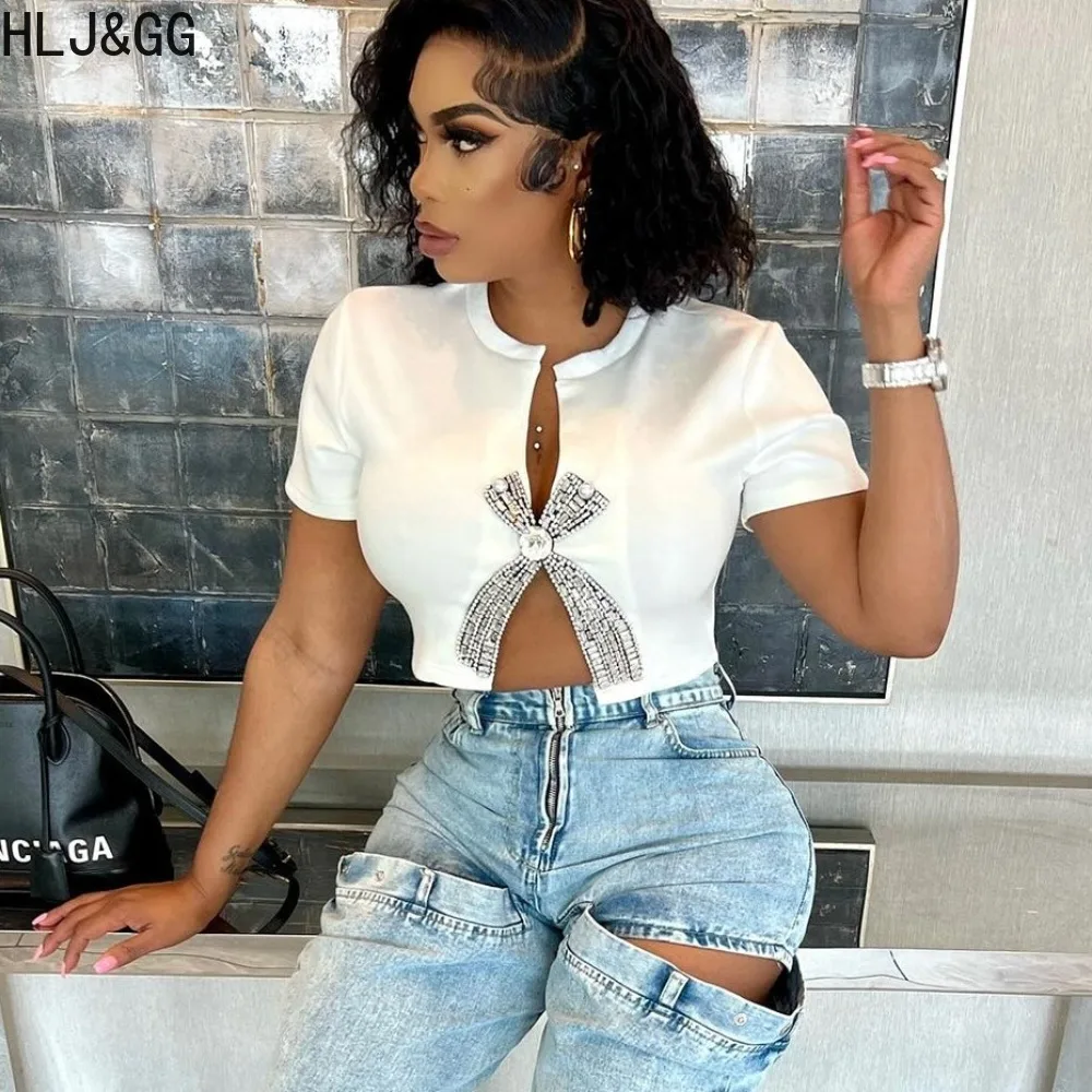 

HLJ&GG Fashion Trendy Rhinestone Hollow Out Streetwear Women Round Neck Short Sleeve Slim Crop Top Summer New Y2K Tshirts 2024