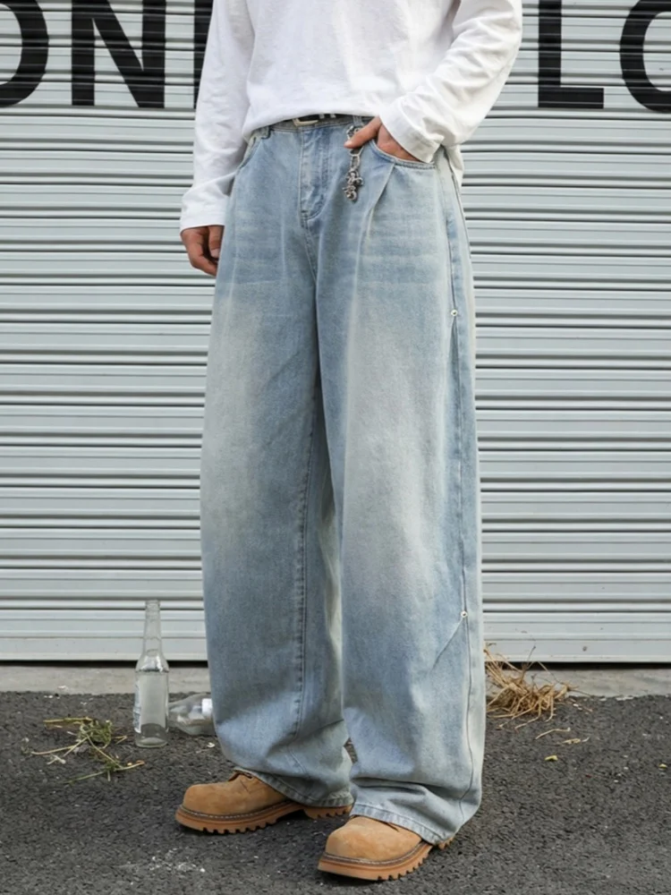 

Distressed Washed Denim Trousers for Men Relaxed Fit, Soft Texture Straight Leg Casual Long Trousers