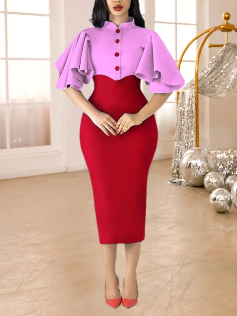 

Blue Color Block Sheath Dresses for Women Stand Collar Ruffles Sleeves Button Up High Waist Fashion Party Office Ladies Vestidos