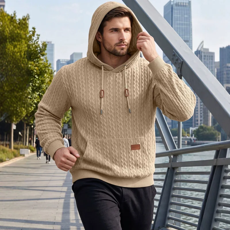 Men'S Knitted Hooded Sweatshirt With Sleeve Pocket Leather Label Drawstring Sports Pullover Casual Daily Wear