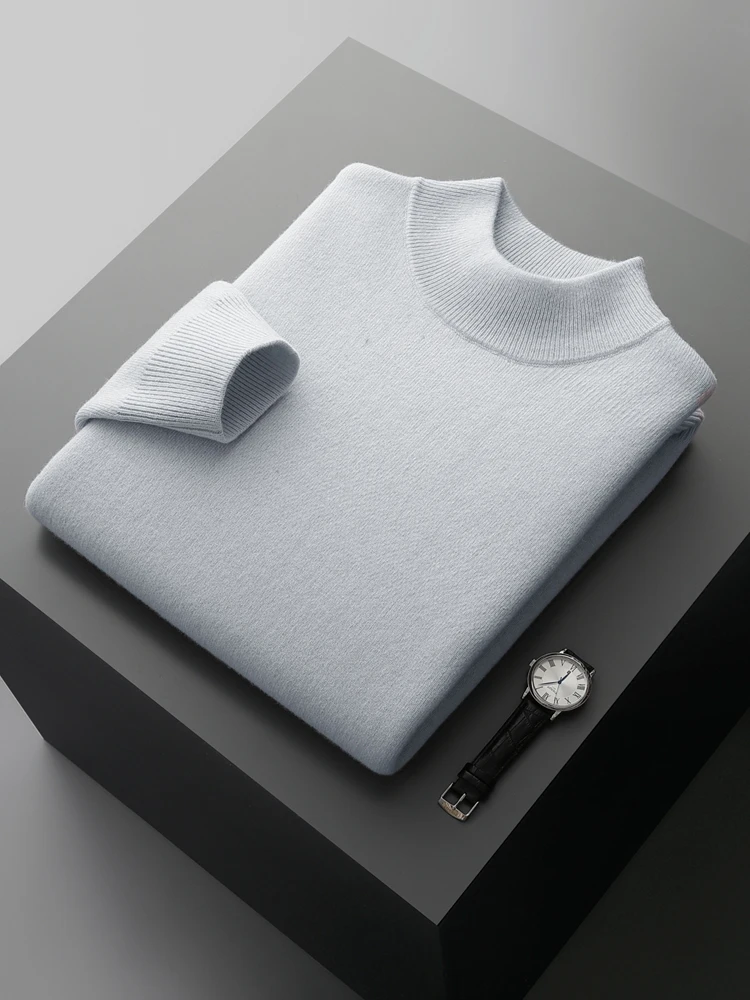 Autumn Winter Men's Cashmere Thick Mock Neck Pullover 100% Merino Sweater Casual Smart Knitwear Long Sleeve Soft Warn Daily Tops