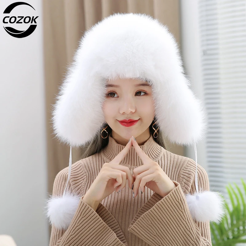 

Natural Fox Fur Russian Aviation Hat with Ears Ushanka Women Winter Warm Fluffy Stylish Female Tail Cap Fashion Real Fur Hats