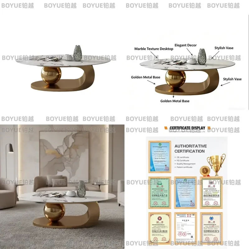 for Modern Creative Simplicity Living Room Water Pattern Glass Marble Coffee Table Metal Material Furniture
