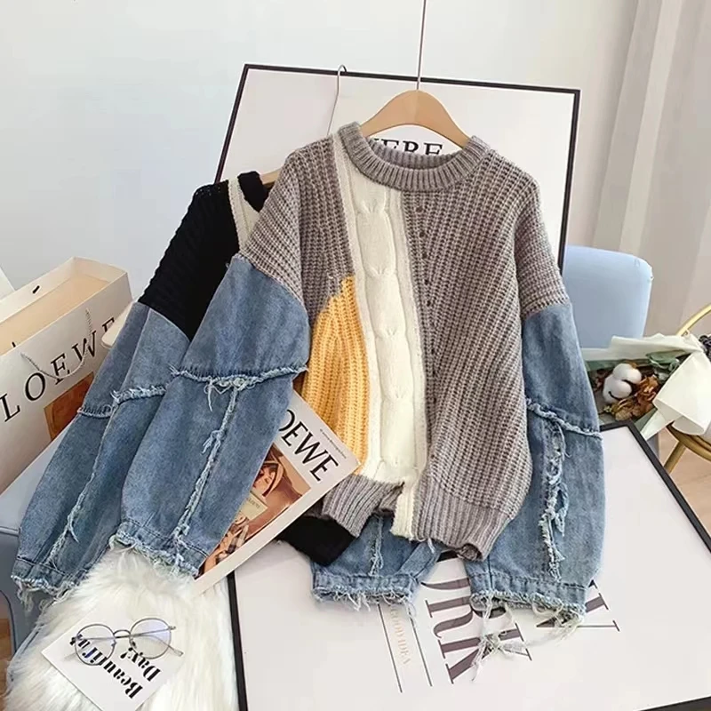 Girocollo manica lunga Denim sfilacciato Patchwork Mohair lavorato a maglia maglione da donna 2024 inverno Vintage Pullover allentato maglioni