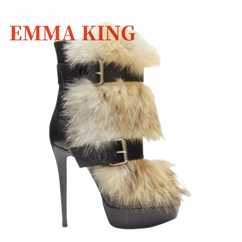 البني فو الفراء حذاء من الجلد رقيقة عالية الكعب أشار تو أفخم فستان دافئ الأحذية حزام سلسلة معدنية ديكور أحذية بوت قصيرة حجم كبير 44 #4