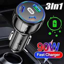 Cargador de coche USB tipo C QC3.0 PD de 90W, carga rápida 3 en 1 para IPhone 14, Xiaomi, Samsung, cargador adaptador de encendedor de cigarrillos