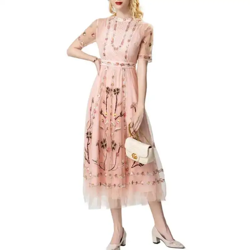 

[Vibe] Fashion Women's Embroidery Flower Dress Stand Up Collar Short Sleeve Pink Mesh Waist Dresses 2025 Summer New Clothing