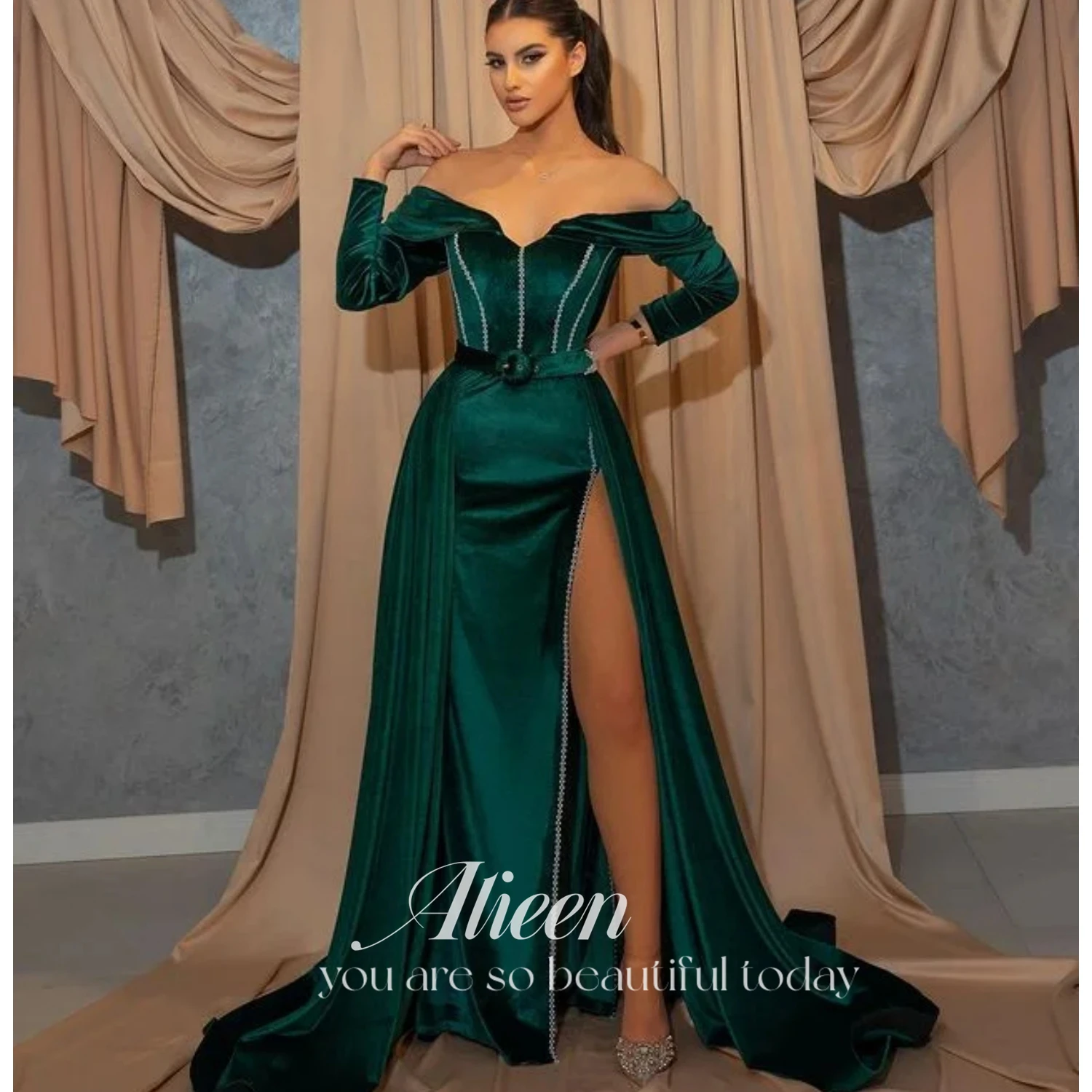 

Aileen Slit Elegant Evening Dresses for Women Luxury Woman Party Dress Green Arab One Shoulder Luxurious Formal Occasion Dresses