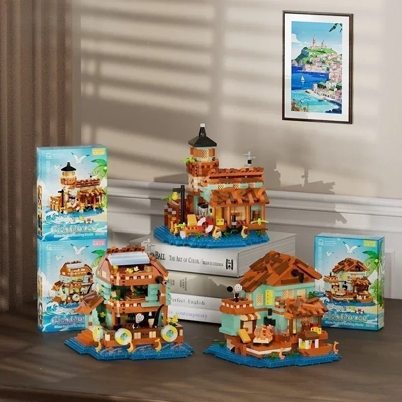 Seaside Village Lighthouse Building Blocks House Set  fishing hut bricks Desktop Decor Educational Assembly Toy for Home Display