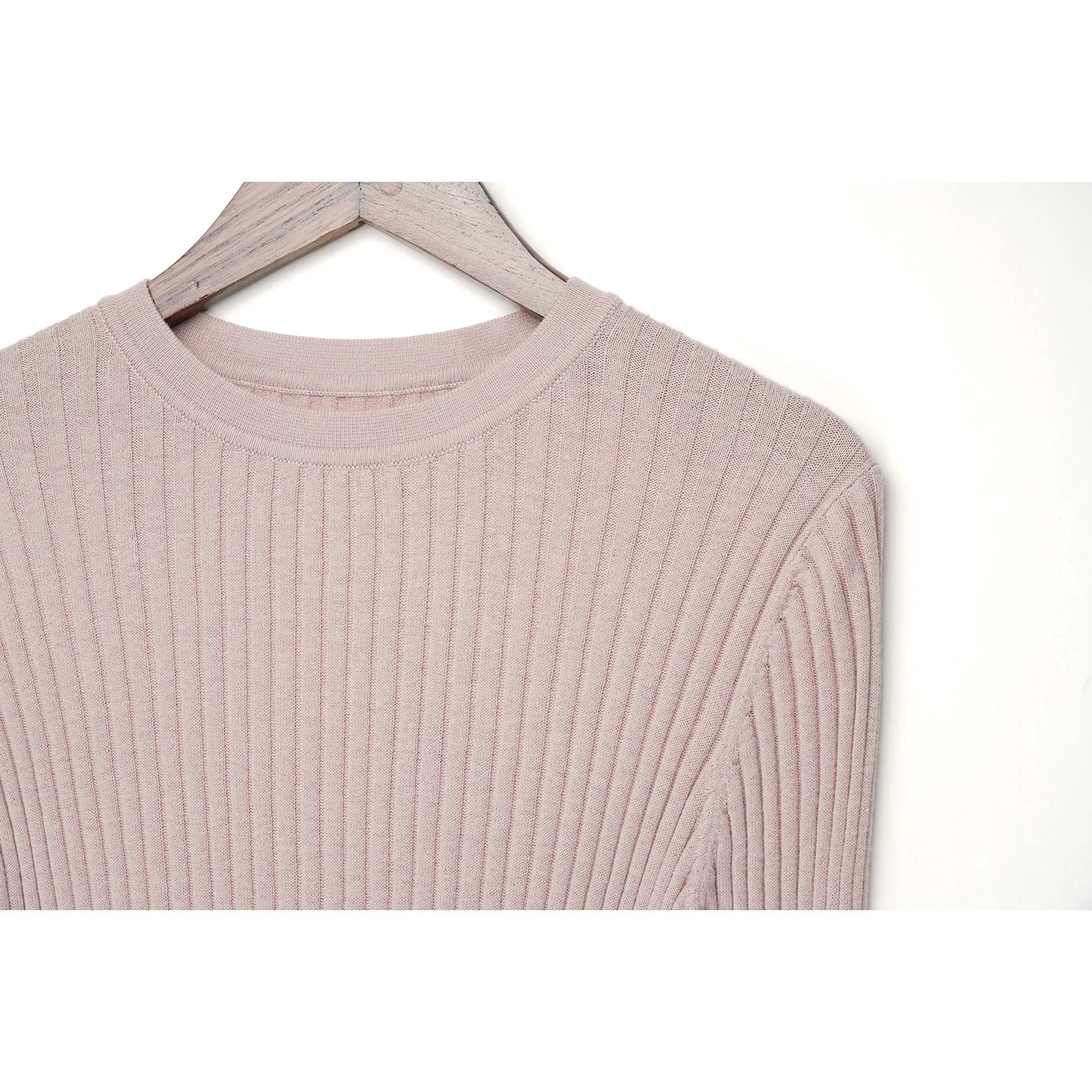 Slit Cotton Sweater Women Light Weight Crew Neck Ribbed Tops Pullover