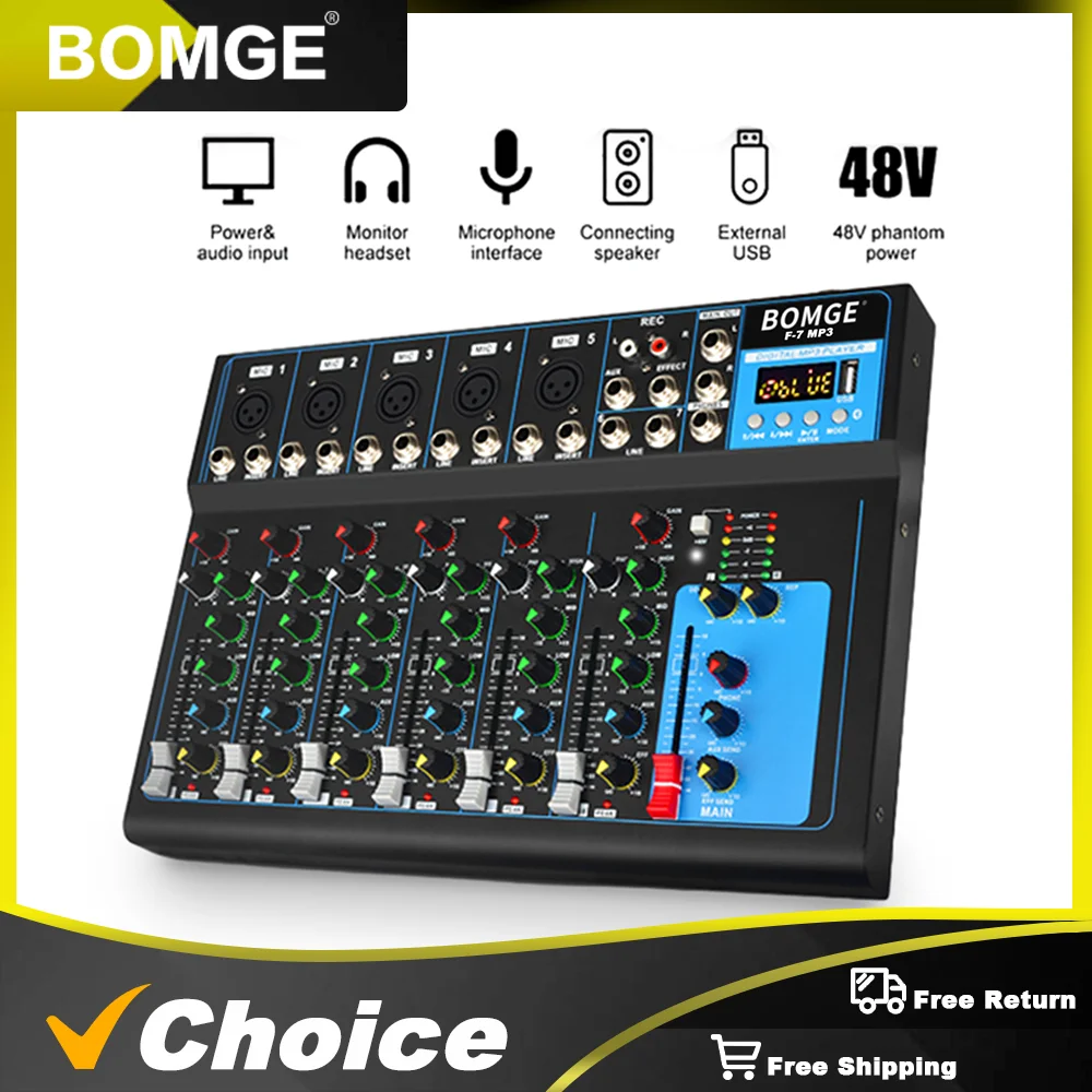 

BOMGE F7 Bluetooth Audio Mixer USB DJ Sound Mixing Console MP3 Jack 48V Power for Computer Recording For Studio Recording