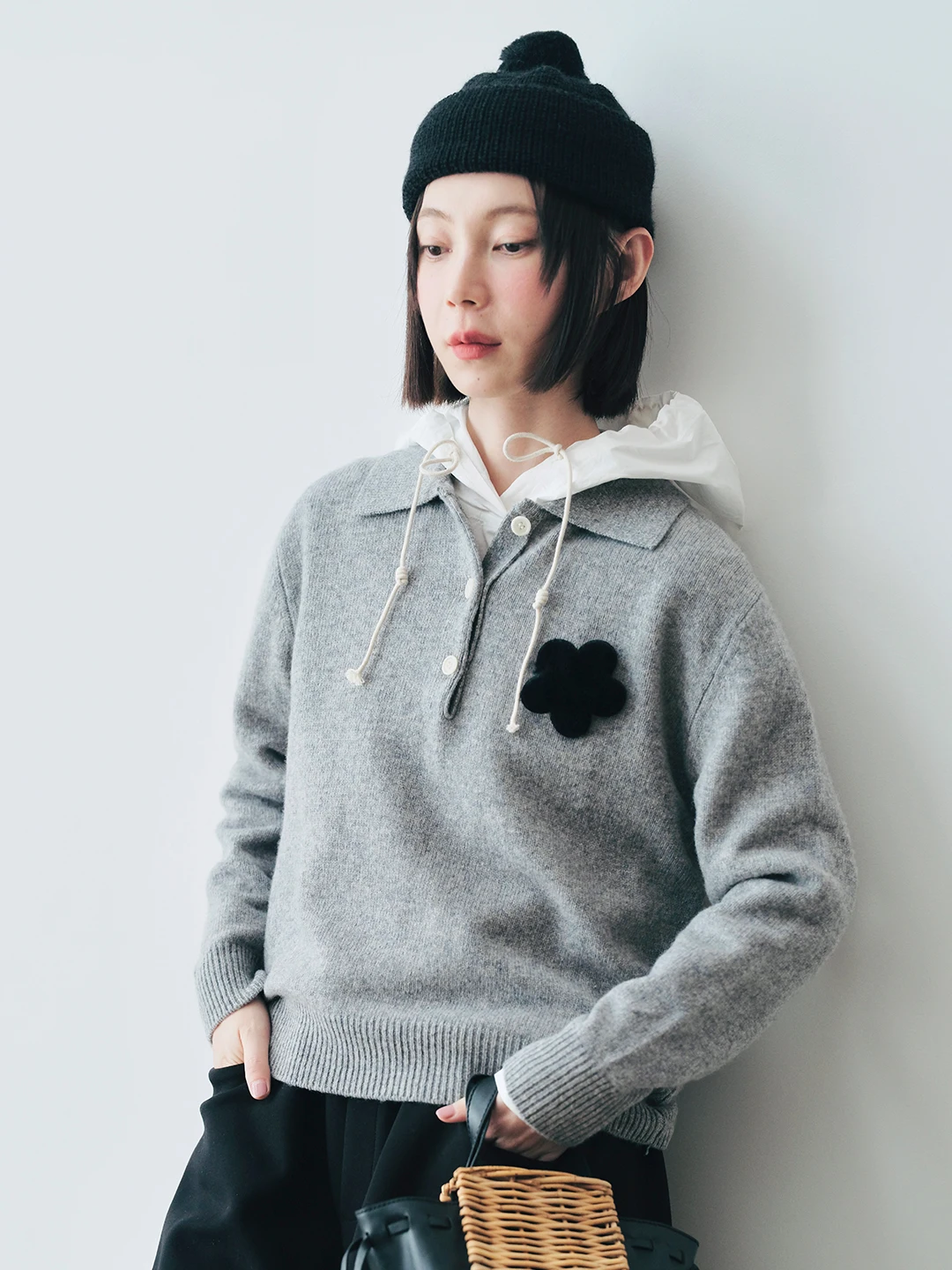 

POLO collar pullover jacket women's imakokoni 2024 autumn and winter alpaca wool knitted sweater 244850