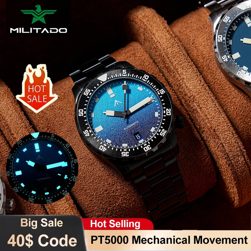 

Militado ML20 New Mechanical Watch PT5000 Automatic Movement 39mm Sapphire PVD Luxury Watch Luminous Waterproof Mens Watches