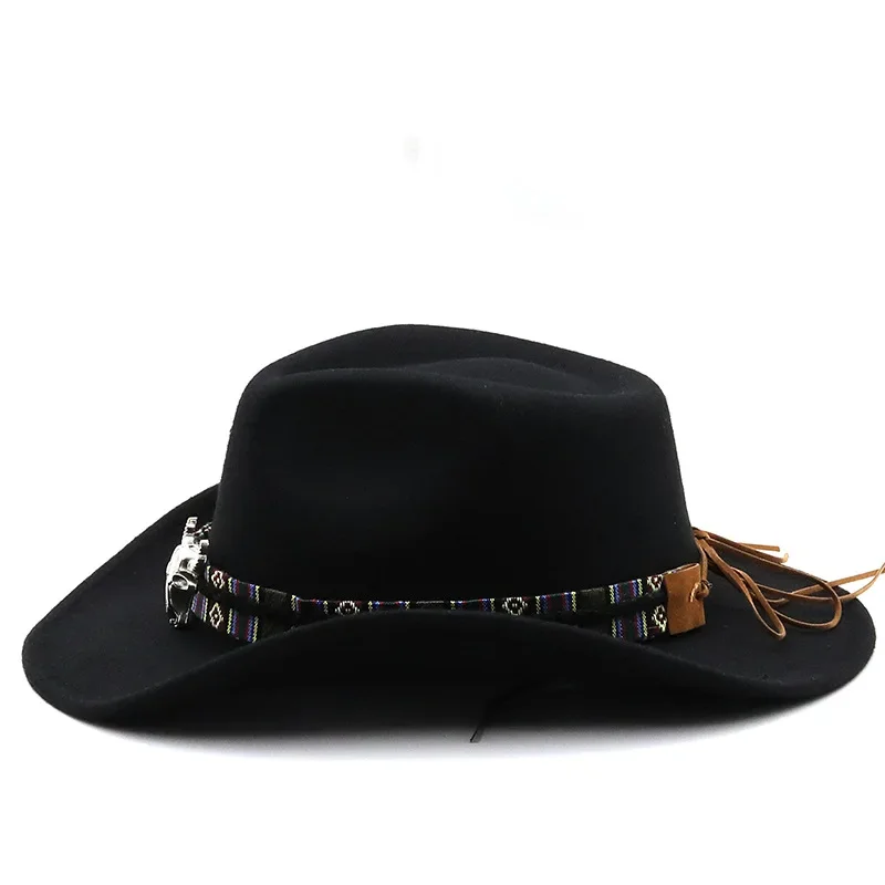 Fashion Western Cowboy Hat with Cow Head Band Wide Brim Pop Jazz Hat Winter Men Women Jazz Wool Hat Cow Girl