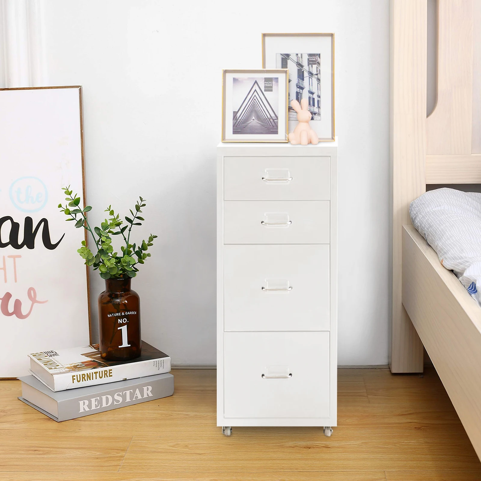 Office Rolling File Cabinet with 4 Drawers Shelf and Wheels, White