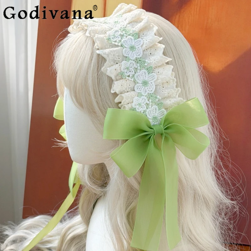 

Женский/девичий милый цветочный аксессуар для волос: зеленая лента-бант в стиле Лолита, кружевная повязка с оборками для вечеринок, косплея и повседневного ношения