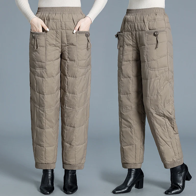 

Утепленные хлопковые брюки для женщин среднего возраста, зимние теплые брюки, удобные в носке и снятии, модные свободные длинные брюки.