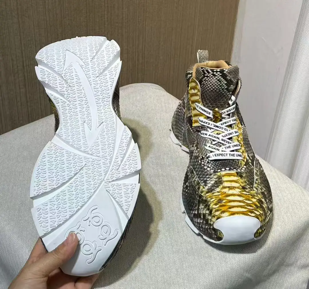 حذاء رجالي أصلي من جلد الثعبان الحقيقي، حذاء رياضي رجالي عالي الجودة من جلد الثعبان باللون الذهبي والأصفر مع بطانة بقرة #6